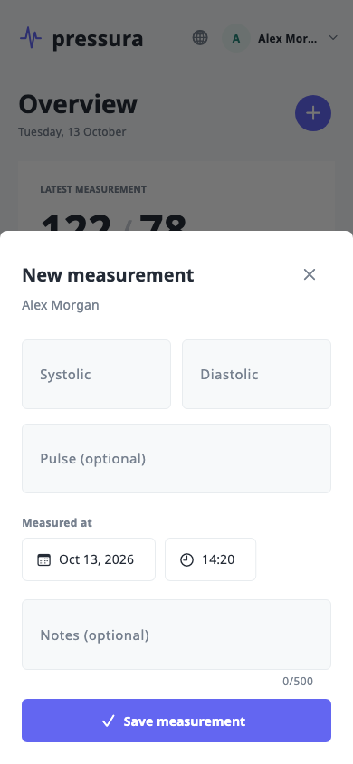 Pressura · Add a reading · App screen showing sample readings